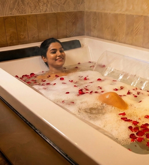 Luxury spa bath with rose petals at Edwin International Spa Bhubaneswar